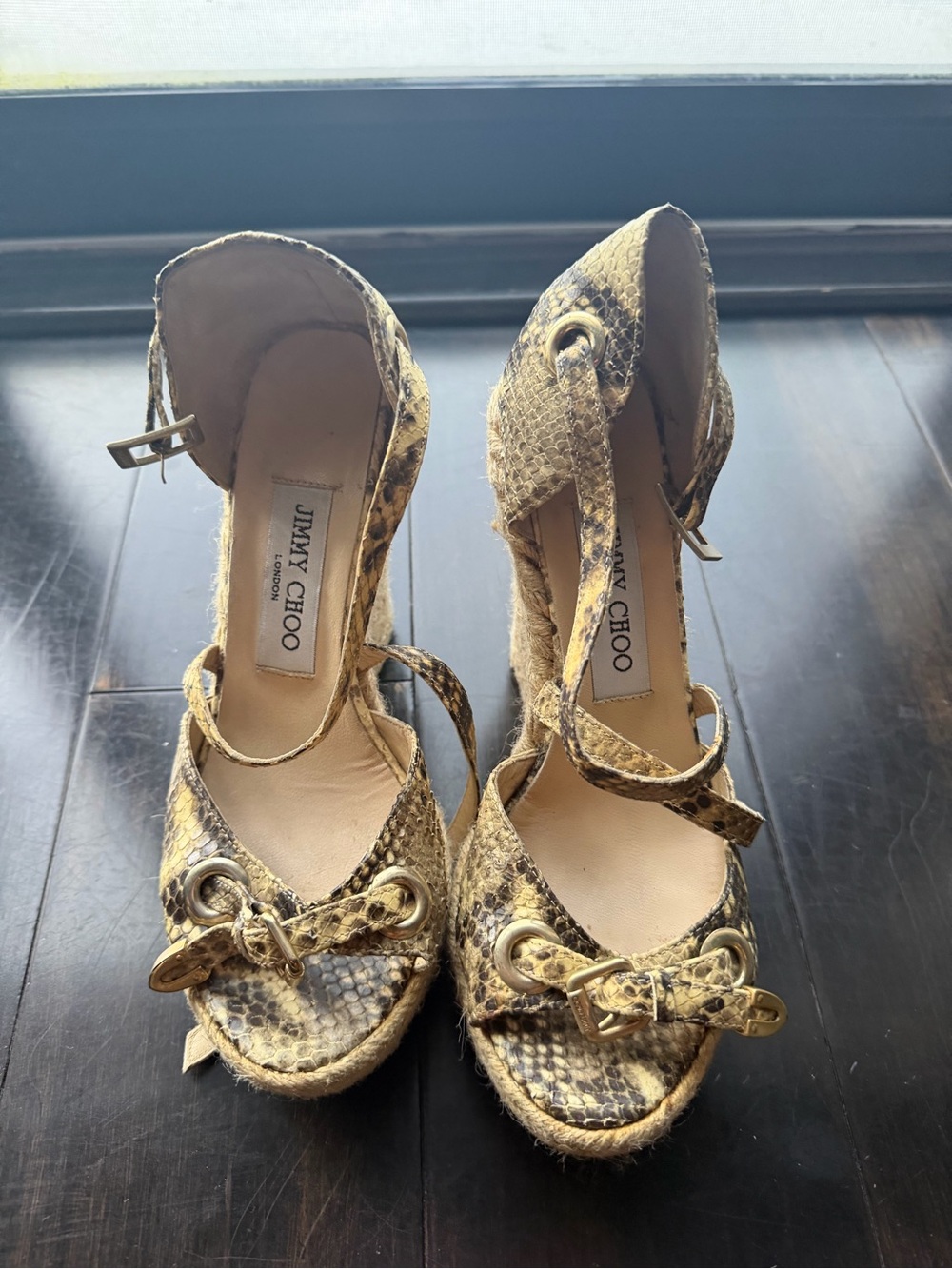 Jimmy Choo Gold Snakeskin Wedge Sandals with Ankle Strap
